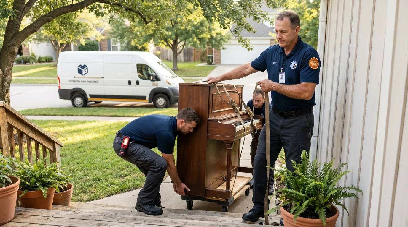 Licensed piano movers securing grand piano in Oolitic, IN