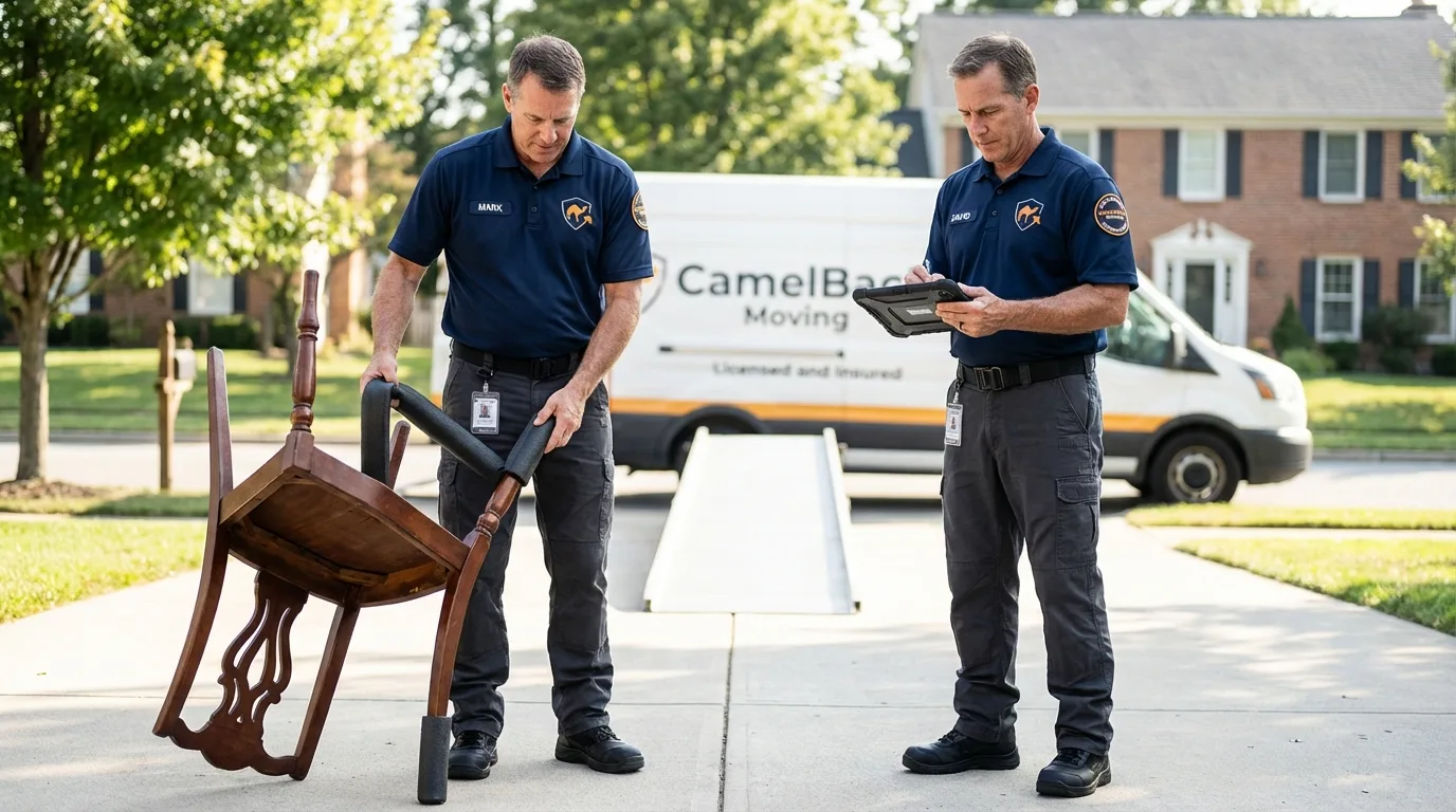 Movers inspecting furniture for damage prevention before loading in Oolitic, IN