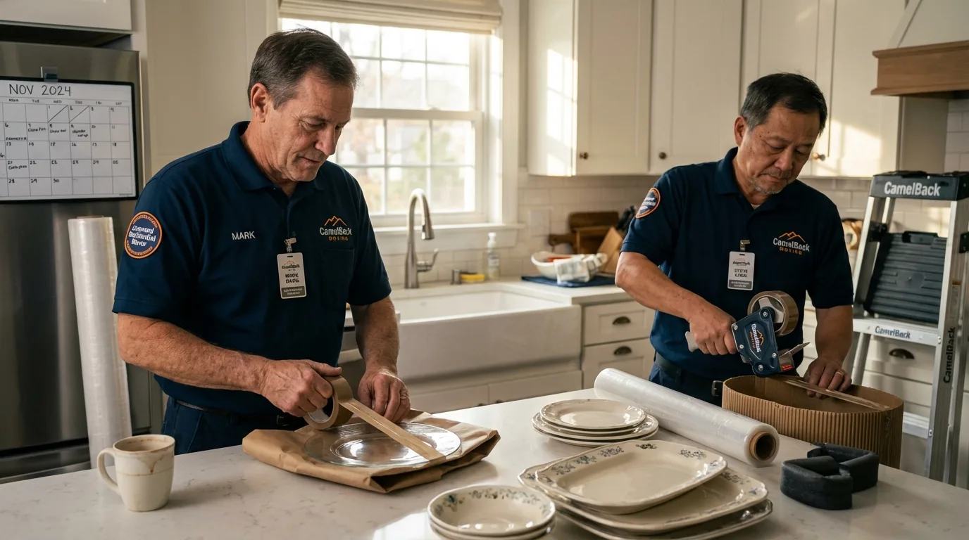 Professional crew packing kitchen dishware in Oolitic, IN
